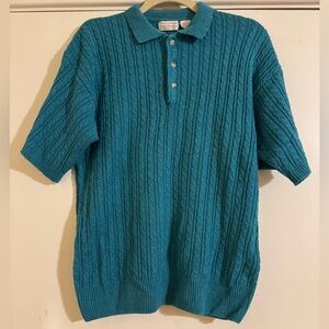 Vintage Norm Thompson Teal Cable-Knit Polo